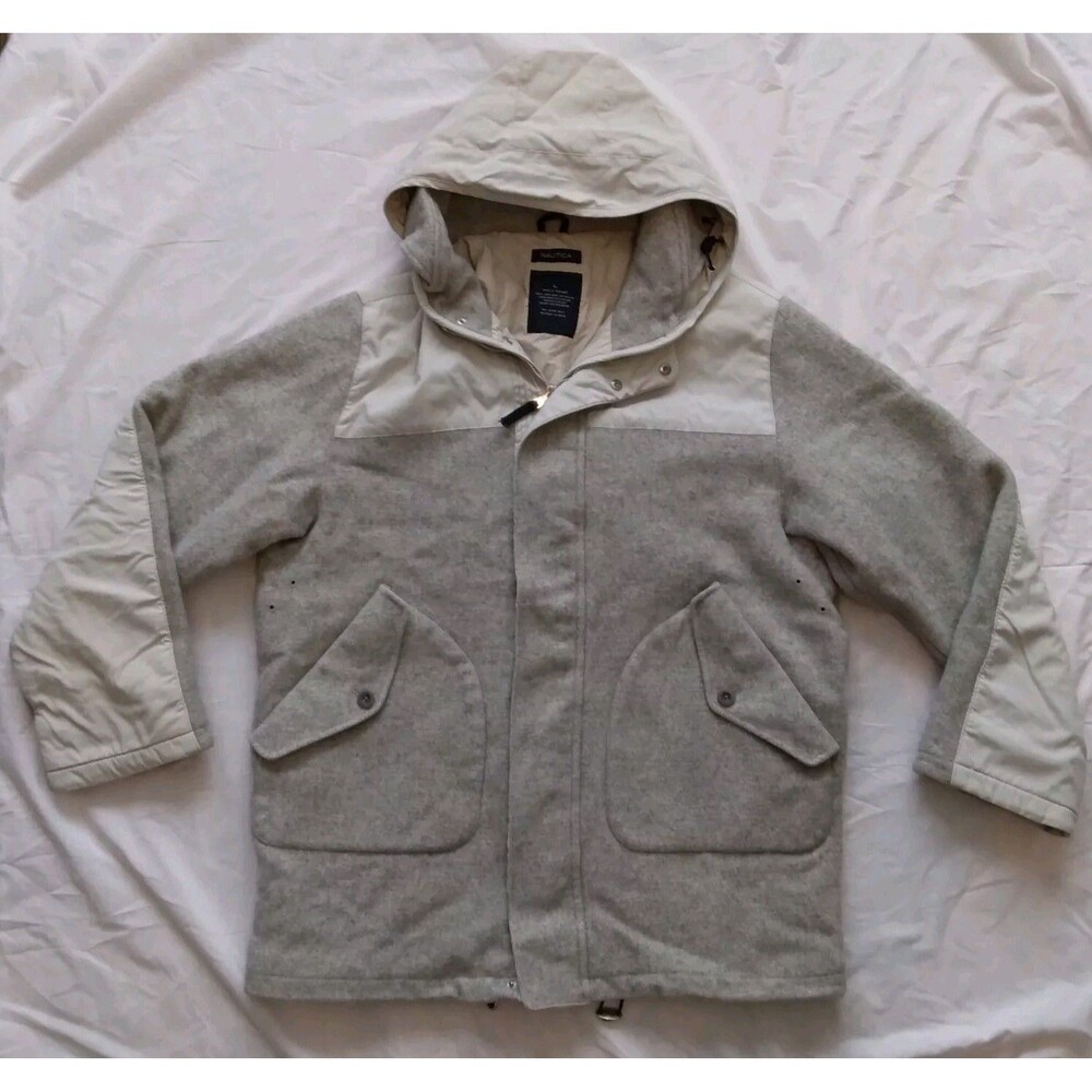 NAUTICA Wool Blend Gray Parka Coat Jacket With Hood Winter Mens Size Large